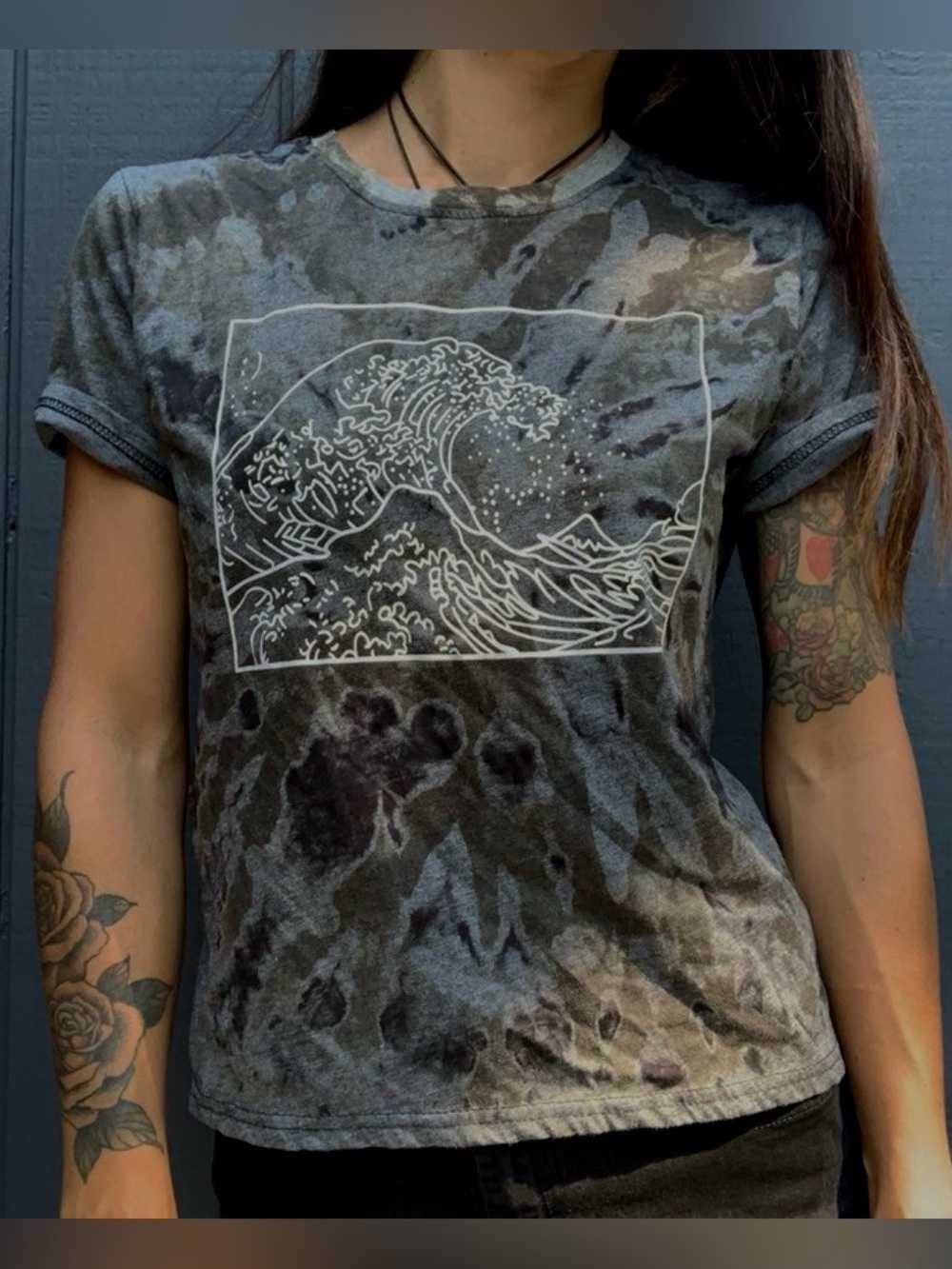 Unbranded | Women’s Tie Dye Black Gray Ocean Wave Graphic Tee Japan Medium GUC